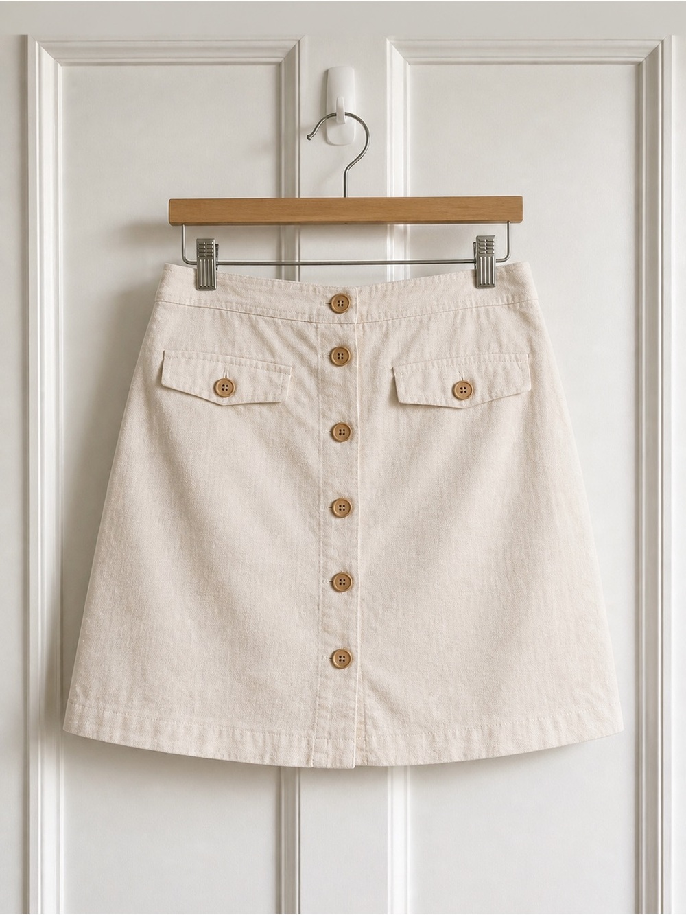 J.Crew Cream Linen Blend A-Line Button Front Skirt Faux Flap Pockets Mini Size 0